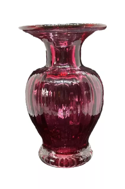 VTG  Art Glass Vase Rossi Ribbed 5.5” Cranberry