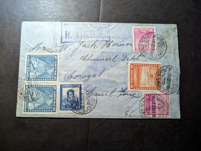 1935 Registered Chile Airmail Cover Santiago to Corozal Canal Zone
