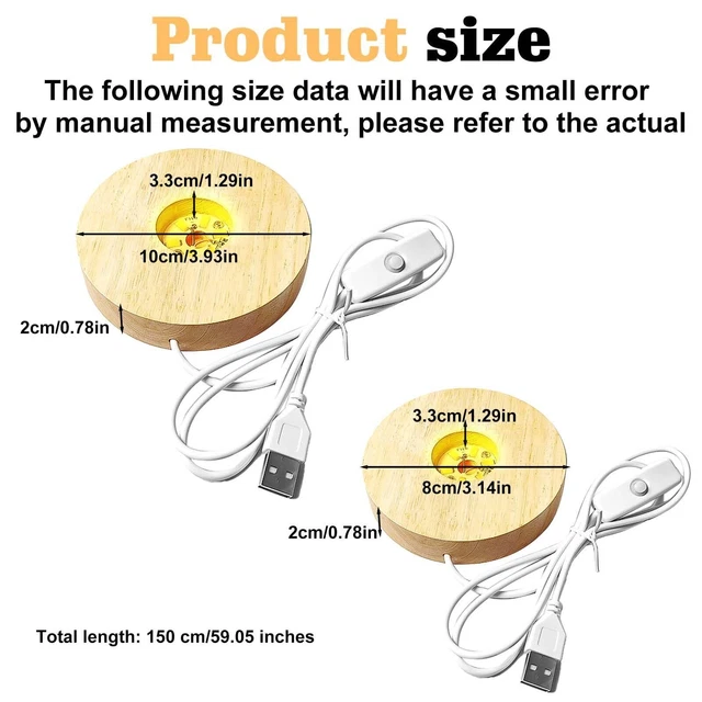 Lot De 2 Socles Lumineux LED En Bois - USB - Pour Verre Acrylique - Couleur Chaude - Base En