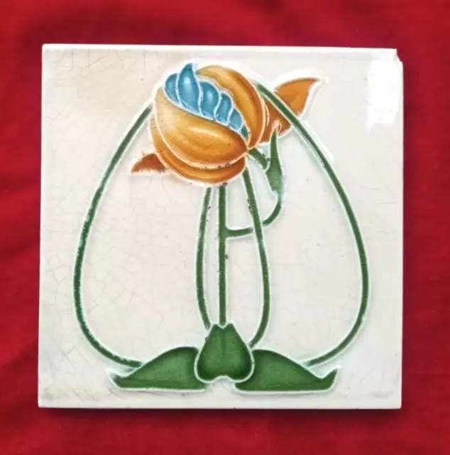 1 Piece Old Art Flower Design Embossed Majolica Ceramic Tiles England 0410