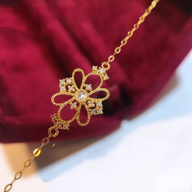 18K Solid Gold O Chain Natural Diamond Bracelet Flower Charm Elegant Jewelry