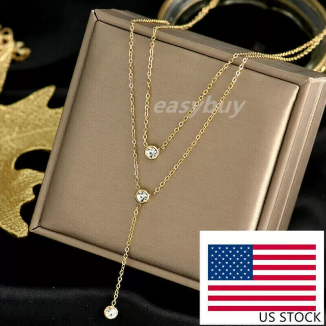 Woman Fashion 18K Gold Plated Stainless Steel Double Layers CZ Necklace Chain