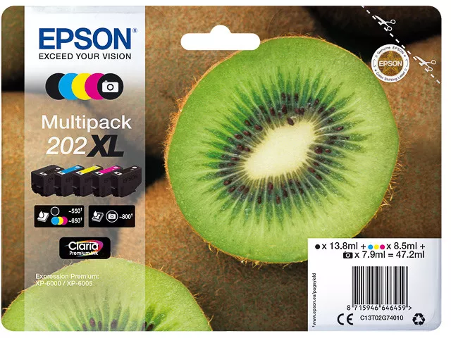 PACK 5 CARTOUCHE EPSON KIWI 202XL NOIR x2 CYAN JAUNE MAGENTA / 202 XL T02G noire