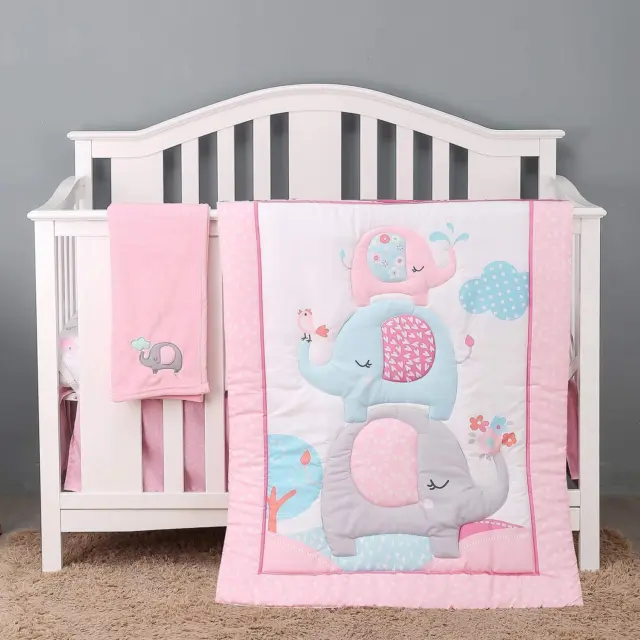 Juego de ropa de cama para cuna rosa elefante bebé cuna juego de 4 piezas