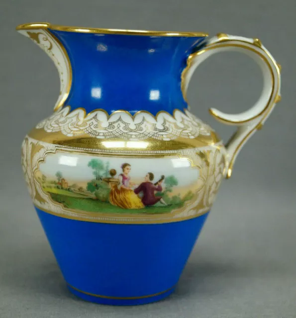 Late 19th Century Sevres Style Watteau Scene Blue & Gold Scrollwork Creamer