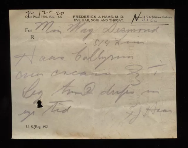 FREDERICK J HAAS MD Leavenworth Kansas Handwritten COCAINE Prescription 1920 #2