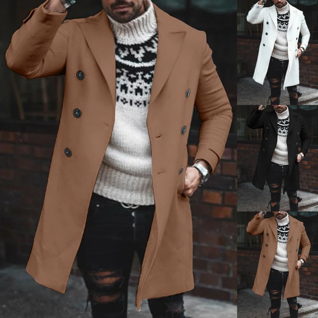 Mens Trench Coat Double Breasted Winter Warm Outwear Long Jacket Woolen Overcoat