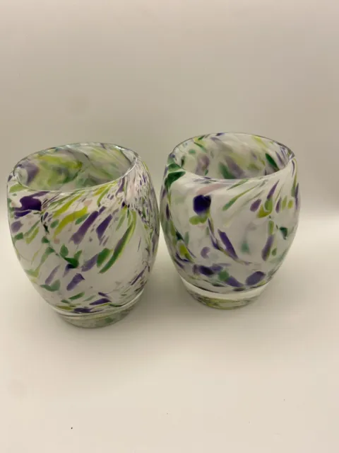 Art By Fire Glass Votive Candle Holders Handblown Set Of 2 Signed Green White