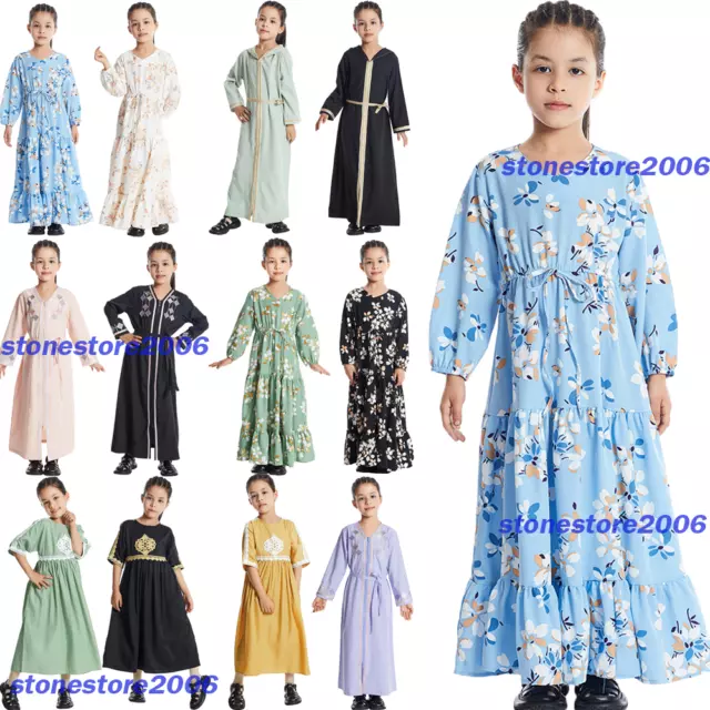 Kids Girls Muslim Abaya Kaftan Children Maxi Dress Islam Prayer Caftan Robe Gown