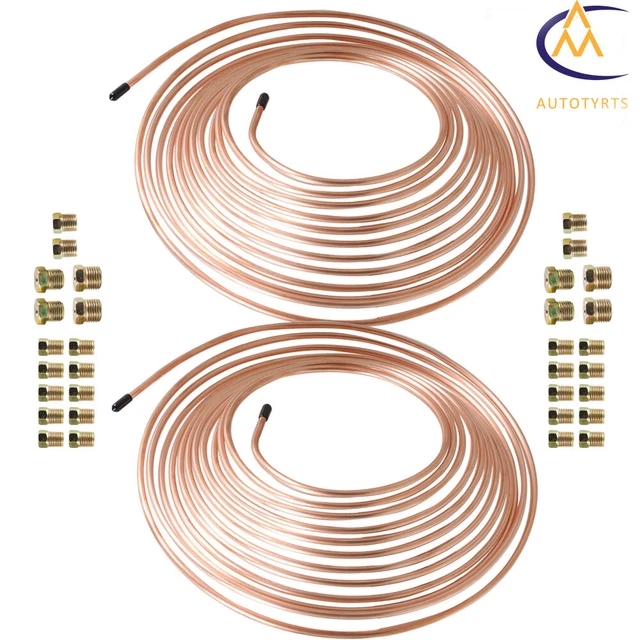 Pair 3/16 OD 25 Foot Copper & Nckel Coated Brake Line Tubing Kit w/ 32 Fitting
