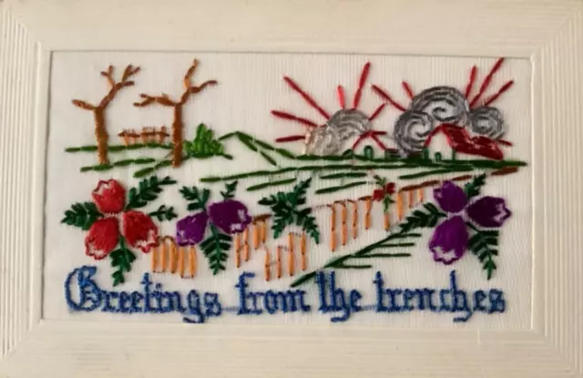 WW1 Embroidered Silk P/C - GREETING FROM THE TRENCHES.    Houses with Bombing.