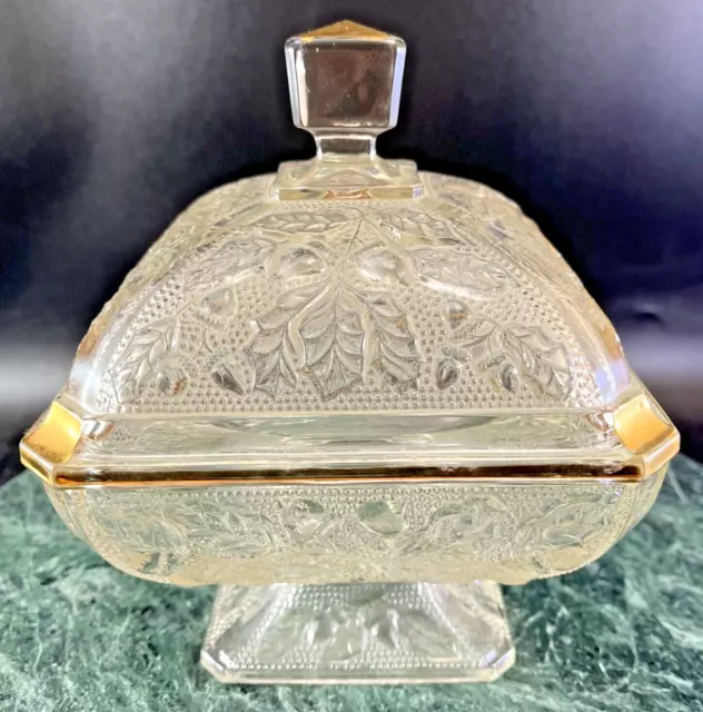 VTG Oak Leaf & Acorn Clear Glass JEANETTE Covered Candy Dish Gold Trim with Lid