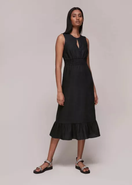 WHISTLES Smocked Matilda Black Linen Midi Dress - size 14  *FABULOUS*