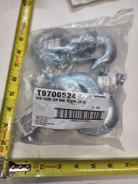 (5 Pack) Campbell T9700524 5/16" 3900lb Zinc Plated Clevis Slip Hooks w/ Latch