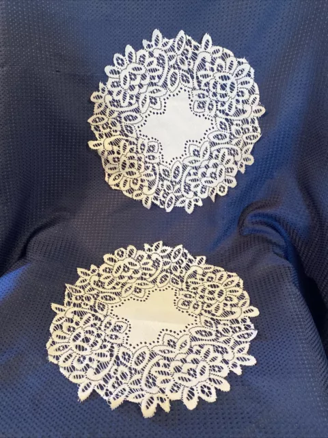 Vintage Hand Made 11" White Polyester or Blend  Lace  Doilies Set of Two