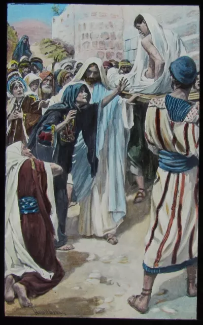 COLOUR Glass Magic Lantern Slide RAISING THE WIDOWS SON C1900 RELIGIOUS BIBLE