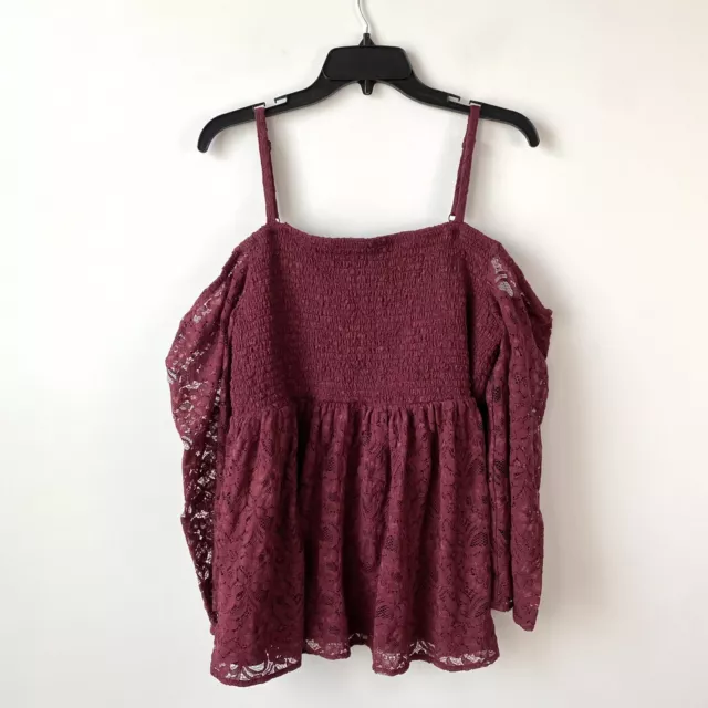 Torrid Smocked Lace Babydoll Cold Shoulder Top Maroon 2X