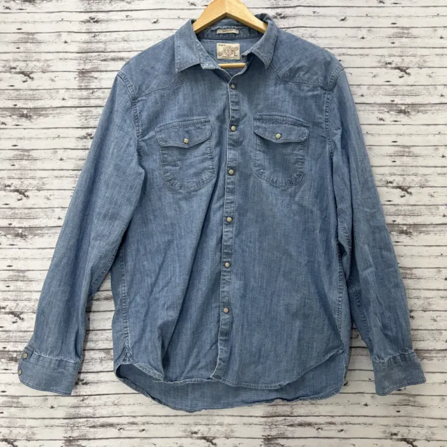 Lucky Brand Jean Shirt Men's Large Blue Pearl Snap Western Long Sleeve Denim