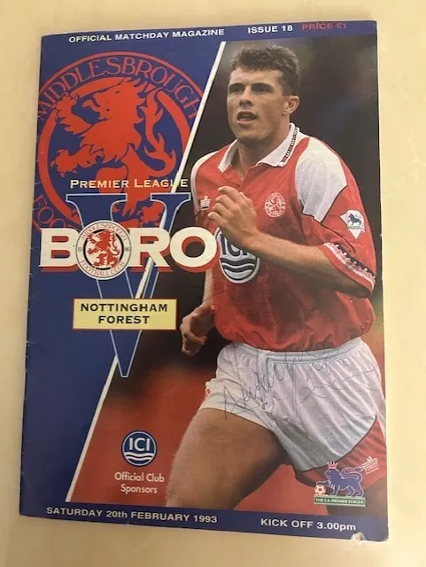 1993 Signed Middlesbrough V Nottingham Forest Football Programme Mint Condition