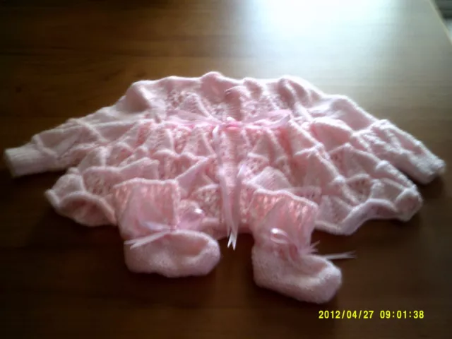 Pink Acrylic  Pyramid And Lace Baby Layette { Hand Knitted } 2