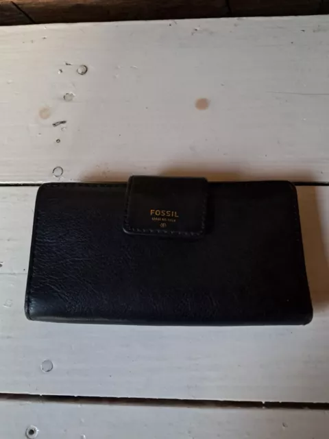 Fossil Women's Wallet Bifold 7"x 4" Pebbled Leather Black Gold Interior