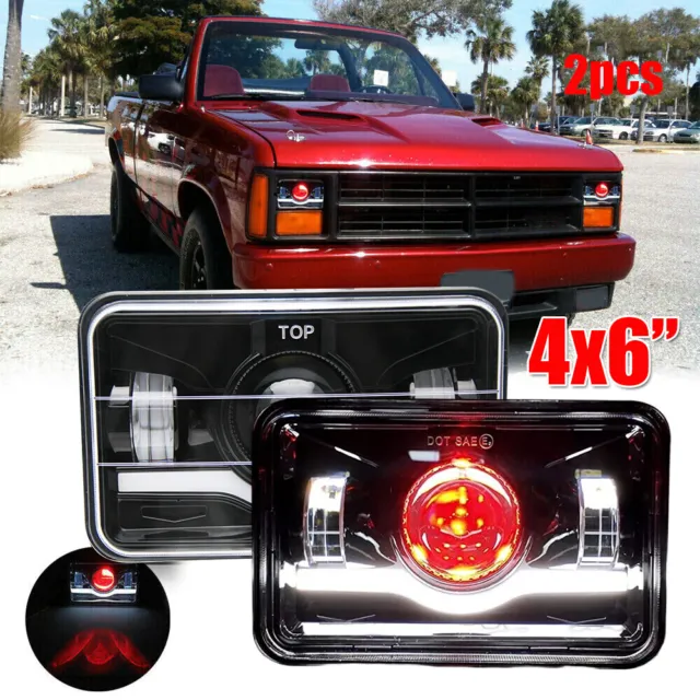 2pcs Fit Dodge Dakota 1987-1995 Truck 4x6"LED Headlights Hi-Lo Beam Red Halo DRL