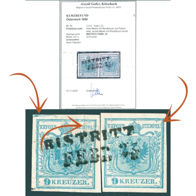 1850 Austria 9kr HP type I, marginal print, paper fold, left stamp with “balken"