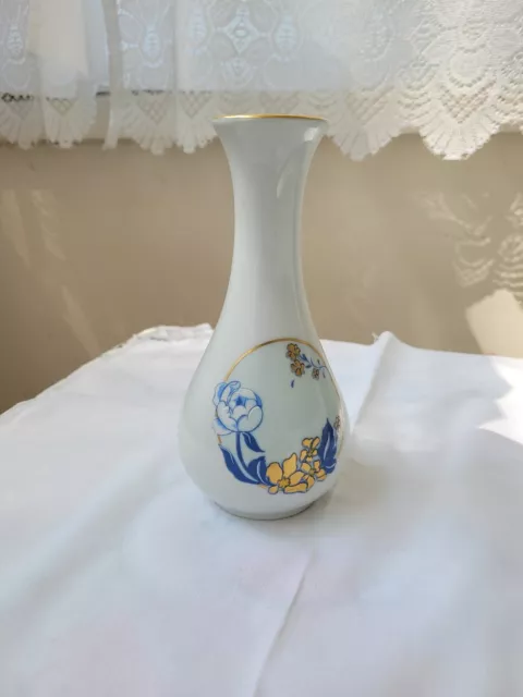 Limoges For Hummelwerk Porcelain Hand Painted Floral Bud Vase Gold Trim 7"