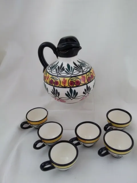 Vintage Hand Decorated Decanter And Cups, Marked And Signed