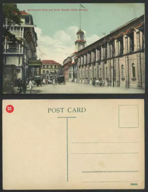 India British Indian - Bombay Old Postcard GOVERNMENT DOCK & GREAT WESTERN HOTEL