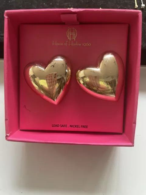 House Of Harlow 1960 Chunky Gold Tone Puffy 3-D Heart Stud Earrings NIB