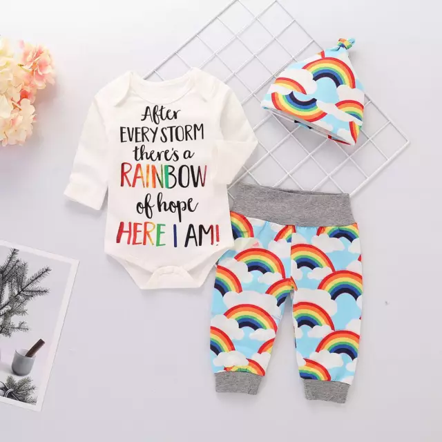3PCS Newborn Baby Girl Boy Rainbow Romper Jumpsuit Pants Hat Outfit Clothes Set