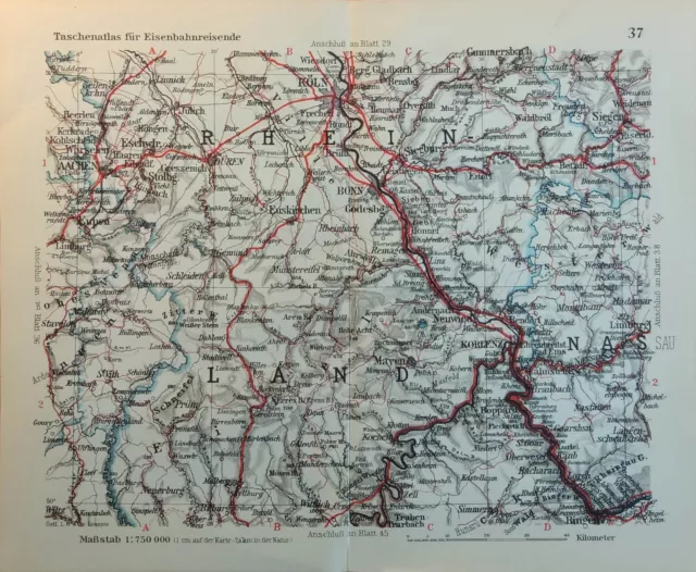 +Mittleres Rheinland+ alte kleine Landkarte +Bonn, Koblenz+ Eisenbahnlinien