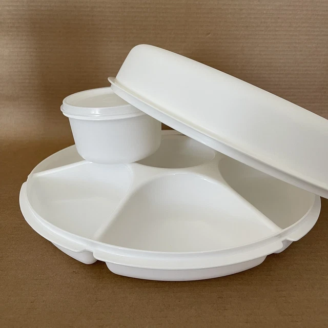 TUPPERWARE DIVIDED VEGGIE Serving Tray 1665, Lid & Dip Bowl White 24.
