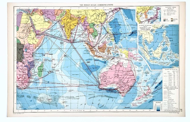 1952 Indian Ocean Asia Australia Shipping Lines Map Commercial Telegraph Cables