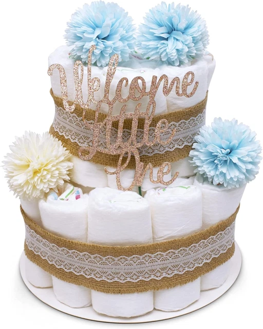 Torta Di Pannolini Per Nascita - 2 Piani, Taglia Albicocca (2-4kg), Decorata Con Fiori - Foto 9