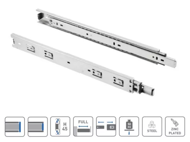 Pair Heavy Duty Fully Extension Ball Bearing Drawer Runners Load Capacity 50 kg