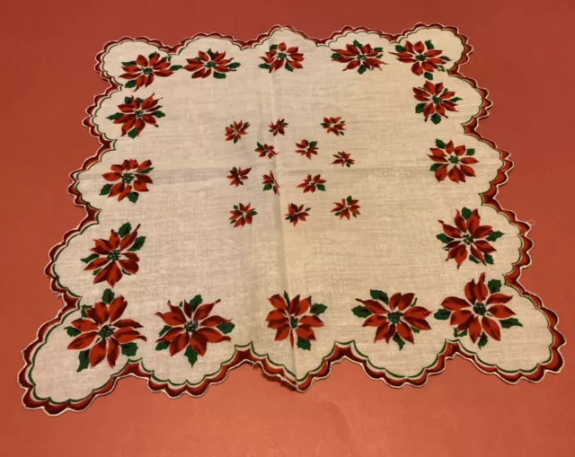 Vintage MCM Holiday Handkerchief Christmas Poinsettia Hanky Hankie Linen 1950’s