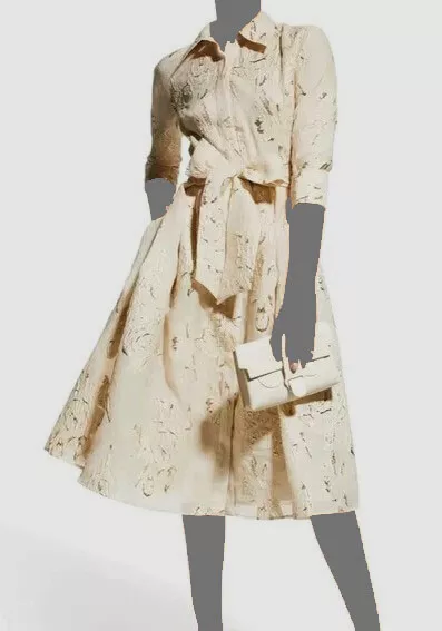 $530 Rickie Freeman Teri Jon Women's Beige Metallic Jacquard Shirt-Dress Size 4