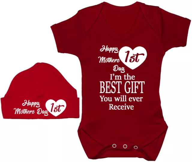 Happy 1st Mothers Day Babygrow Romper Vest & Beanie Hat/Cap 0-12m Boy Girl Gift