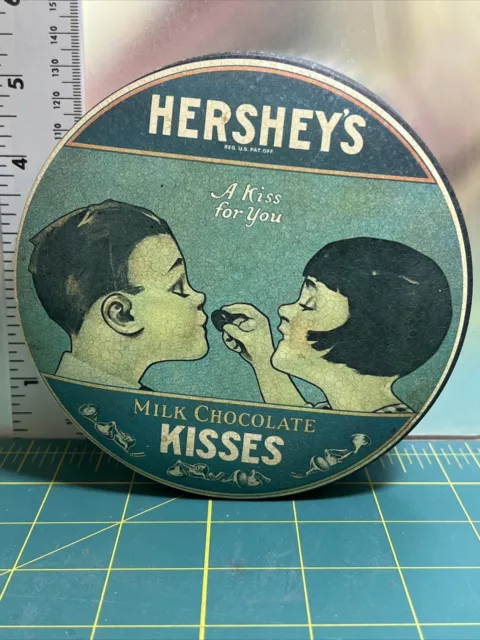 Vintage 1982 Empty Hershey's 5" dia Tin Can A Kiss For You Milk Chocolate Kisses