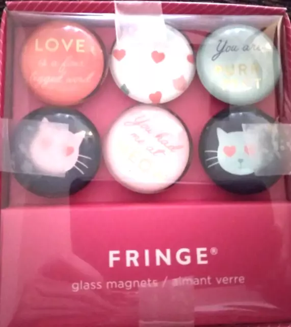 NIB Fringe Brand Set of 6 Glass Magnets 1 1/4" Round. CUTE PICS & Sayings.