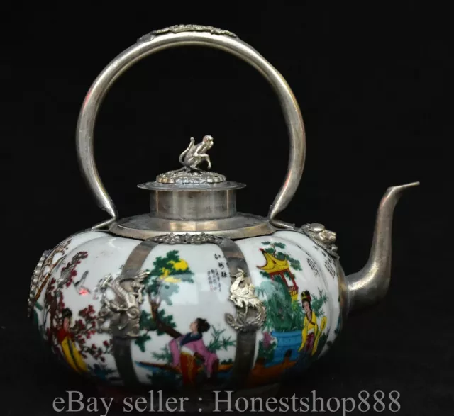 6.4" Old Chinese Copper Wucai Porcelain Dynasty Figure Portable Kettle Teapot