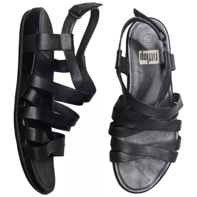Fitflop Lumy Black Strappy Leather Slingback Low Wedge Comfort Sandals 10