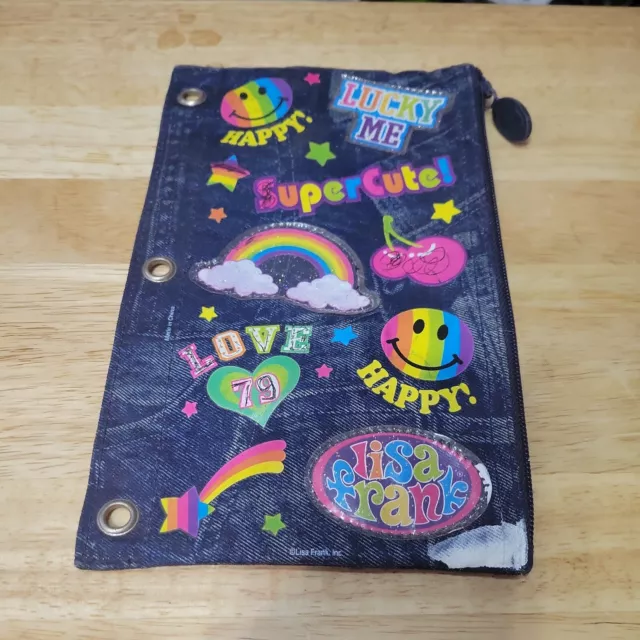 Vintage Lisa Frank Denim Zippered 3 Ring Binder Rainbow Patches Pencil Pouch