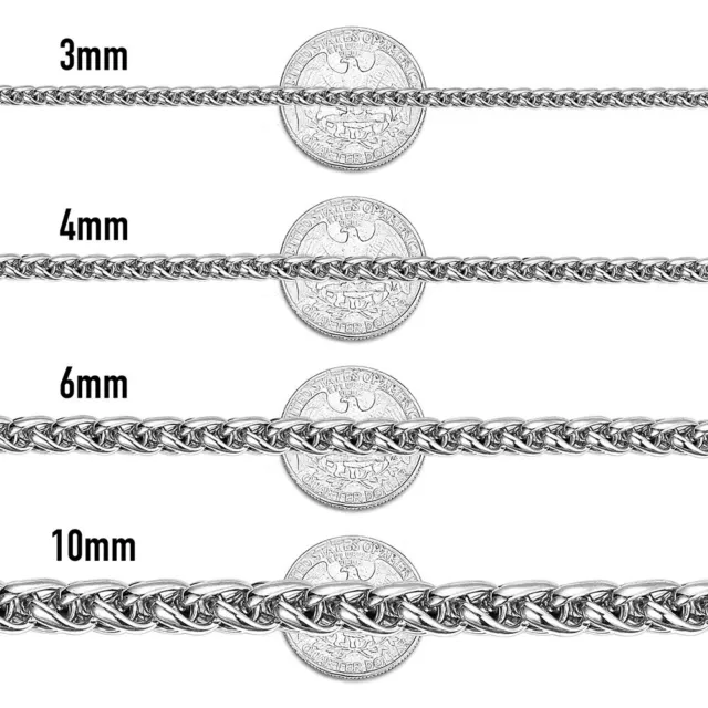 3/4/5/6/8mm Braided Wheat Chain Silver 316L Stainless Steel Men Women Necklace 3