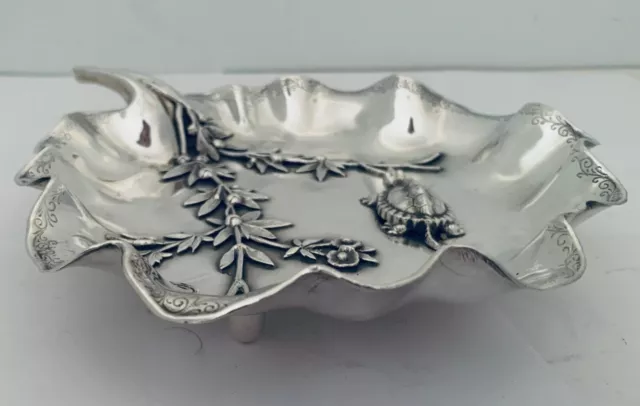Rare Wood Hughes Aesthetic Sterling Leaf Form Bowl Applied Turtle & Foliage 1880 2