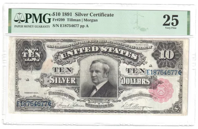 1891 $10 Tombstone Silver Certificate. Fr299. PMG VF 25/stain.  Y00010633