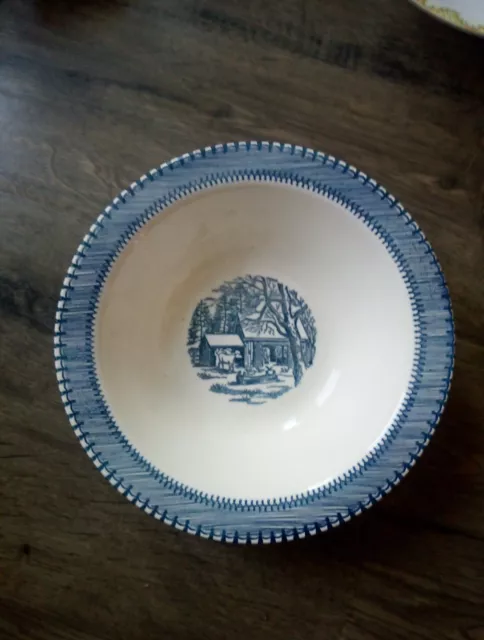Currier and Ives Blue Rimmed Vintage Country Life Serving/Vegetable Bowl 9 in