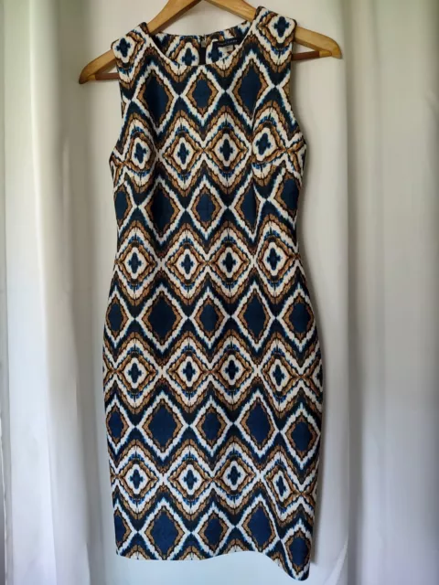 Tommy Hilfiger Blue White Tan Geometric Print Sleeveless Bodycon Dress Size 2